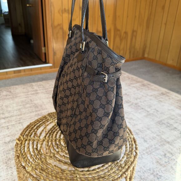 GUCCI GG Nylon Full Moon Tote Bag Brown Leather Canvas Large Monogrammed Print - Picture 2 of 16